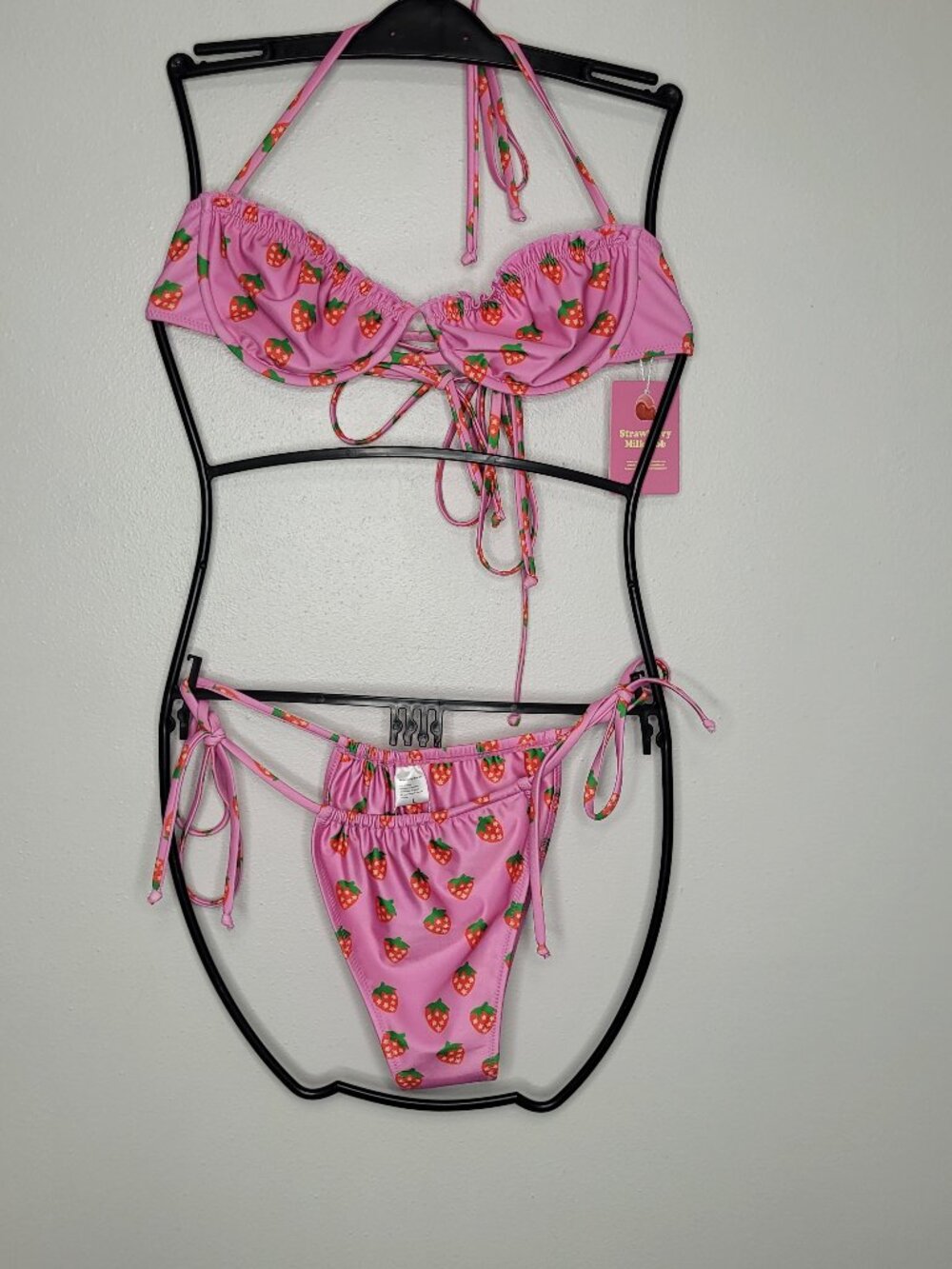 Strawberry Milk Mob pink all over print cute girlie strappy bikini size L NWT